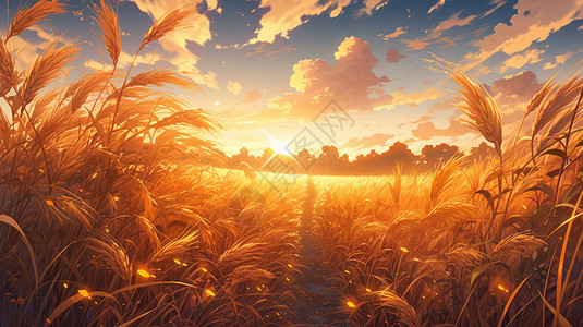 傍晚美丽的夕阳下金黄色丰收的卡通麦子地图片
