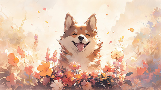 在花丛中开心笑的卡通小狗背景图片