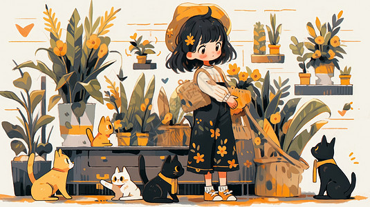 抱着花朵戴黄色帽子可爱的短发卡通女孩与宠物猫图片