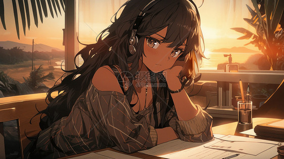 夕阳下戴着耳机在桌子边的时尚卡通女孩图片