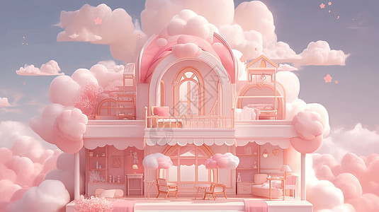 粉色芭比娃娃被云朵包围的粉色卡通房子插画
