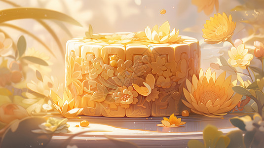 在花朵中立体雕花精致的金黄色卡通月饼图片