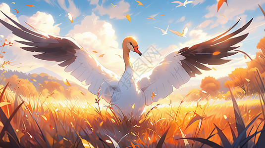 蓝天白云下傍晚的金黄色草丛中张开翅膀的卡通鸭子图片