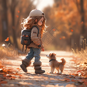 背包包的女人秋天背着包的长发卡通女孩与小狗走在小路上放学回家插画