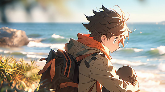 秋天背着书包坐在海边的卡通男孩图片