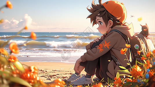 秋天坐在沙滩边欣赏大海的可爱卡通男孩图片