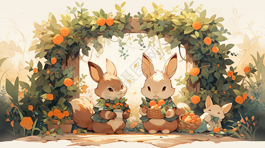 秋天抱着花朵与水果的可爱卡通兔子们图片
