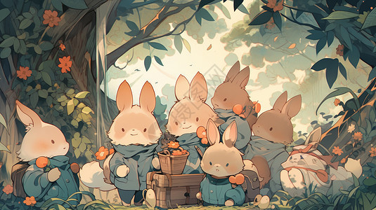 森林深处可爱的卡通兔子家族图片