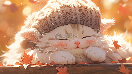 戴着毛线帽趴在木头上睡觉的可爱卡通猫图片