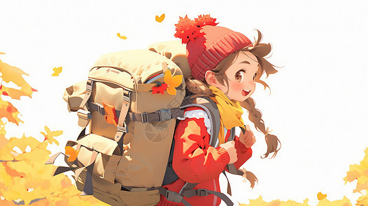 秋天戴着红色毛线帽背着登山包在森林中的可爱卡通女孩图片
