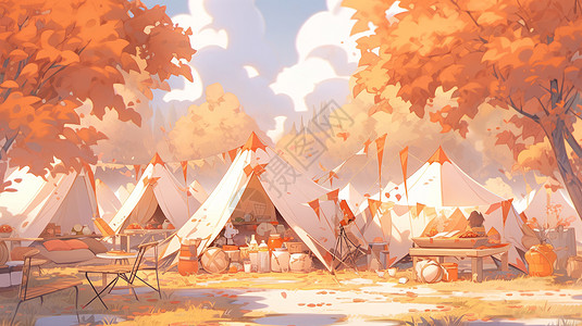 驻扎在金黄色卡通森林中的帐篷背景图片