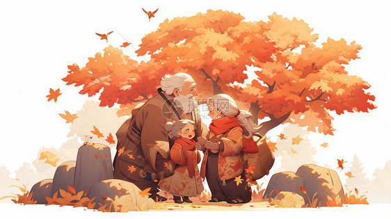 秋天一起登上山顶站在高处的卡通老爷爷老年和孙女图片