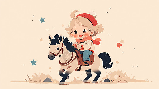 戴着红色毛线帽骑着小马的卡通女孩图片