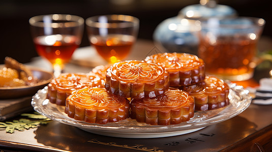 一盘美味的中秋节月饼糕点放在桌子上图片