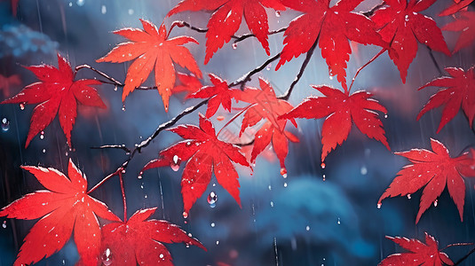深秋雨中漂亮的红色卡通枫叶图片