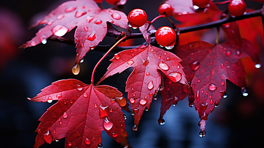 沾满水滴的枫树叶图片