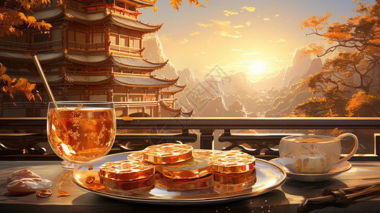 中秋节喝茶吃甜品享受卡通夕阳美景图片