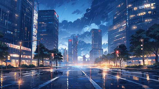 夜晚雨中唯美的卡通城市图片