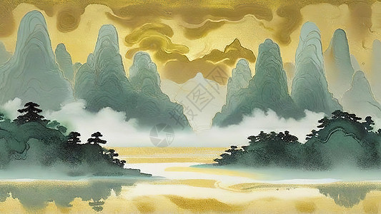 中国风山水间云雾油画质感金箔图片