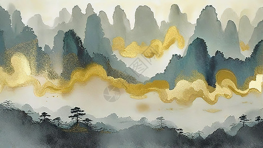 山水间云雾中国风质感金箔图片