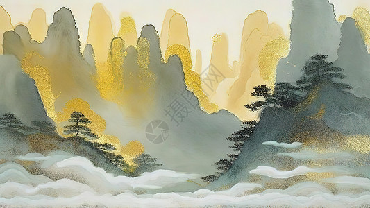 山水间云雾中国风金箔质感图片