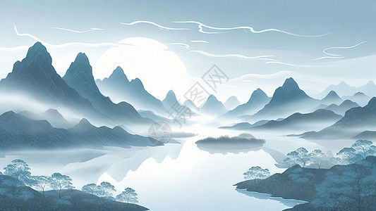 山水薄雾风景画背景图片