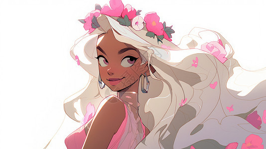 头顶粉色花朵可爱的长发卡通公主图片