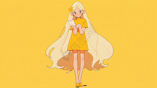 头戴一朵漂亮的小花金色长发可爱的卡通女孩艺术图片