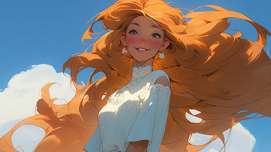 橙色长发站在蓝天白云下开心笑的卡通女孩图片
