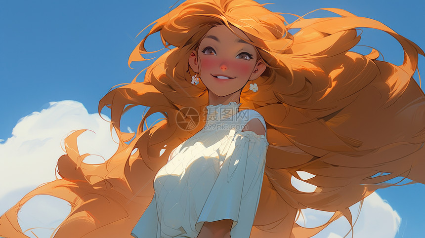 橙色长发站在蓝天白云下开心笑的卡通女孩图片