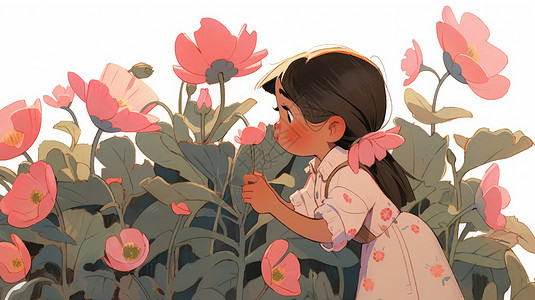 摘粉色花朵的可爱卡通小女孩图片