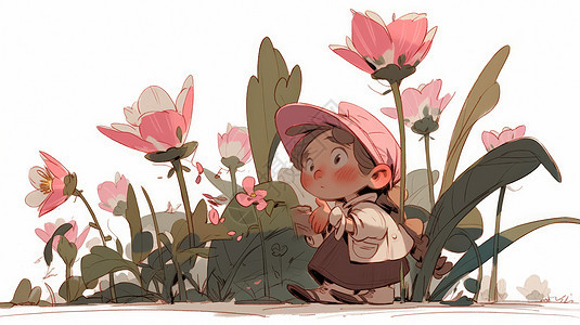 戴粉色帽子在花丛中的可爱卡通女孩图片