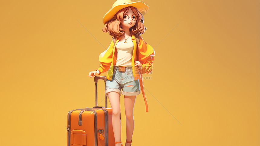 穿黄色外套拉着旅行箱去旅行的卡通女孩图片
