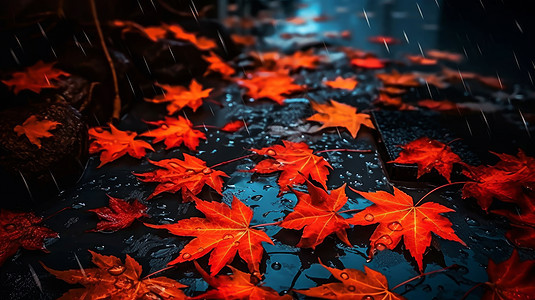 落满地的红色枫叶在雨中图片