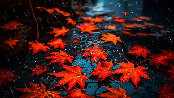 落满地的红色枫叶在雨中图片