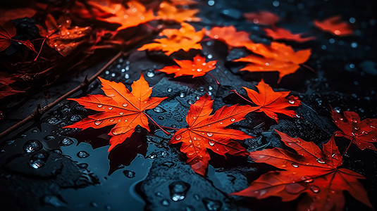 红色枫叶布满水珠图片