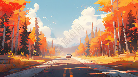 秋天行驶在公路上一辆卡通汽车背景图片