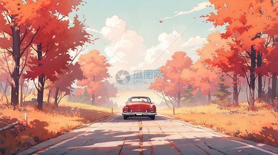 秋天行驶在小路上的医疗复古卡通汽车图片
