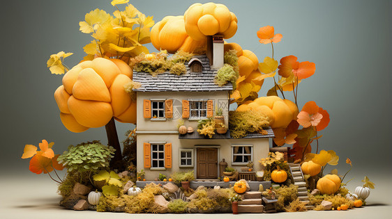秋天被金黄色的树包围的立体卡通小房子图片