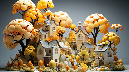 秋天可爱的立体卡通小房子与金黄色的树图片