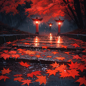秋天夜晚落满地的卡通红色枫叶图片