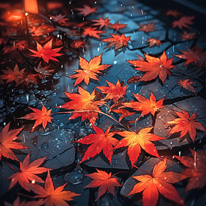 秋天夜晚满地的红色卡通枫叶在雨中图片