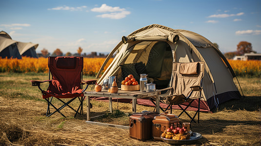 秋天在野外草地上露营高清图片