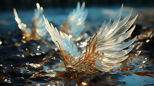 超现实有翅膀的复古卡通饰品翅膀落在水面上图片