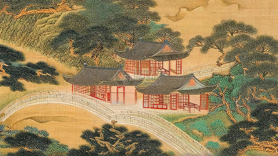 中国风古代宅院大院水彩古风画图片