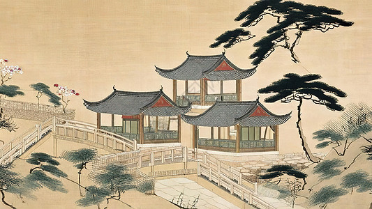古代中式建筑宅院水彩画图片