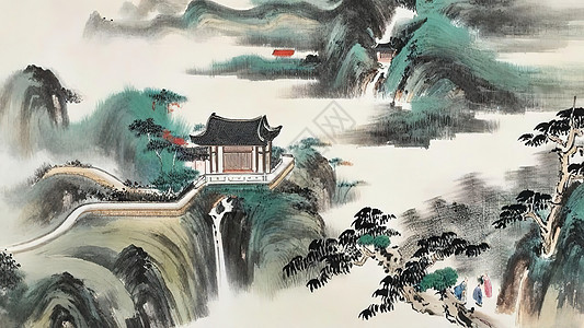 古代中国风建筑宅院水彩画背景图片