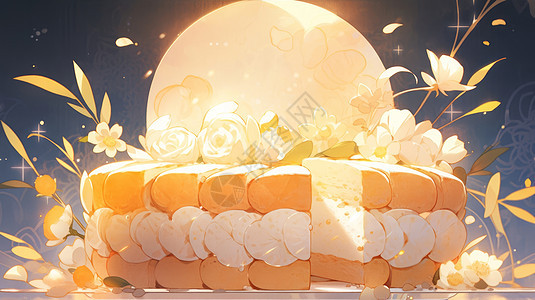 中秋节在圆圆的月亮下切开的美味卡通糕点图片