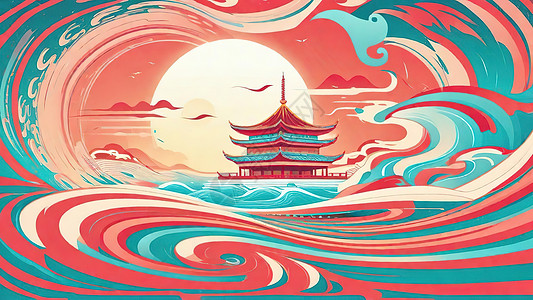 中国风古建筑日出流动风格插画图片