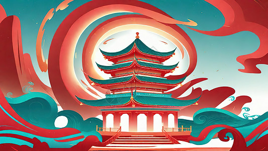 古建筑日出流动中国风格插画图片